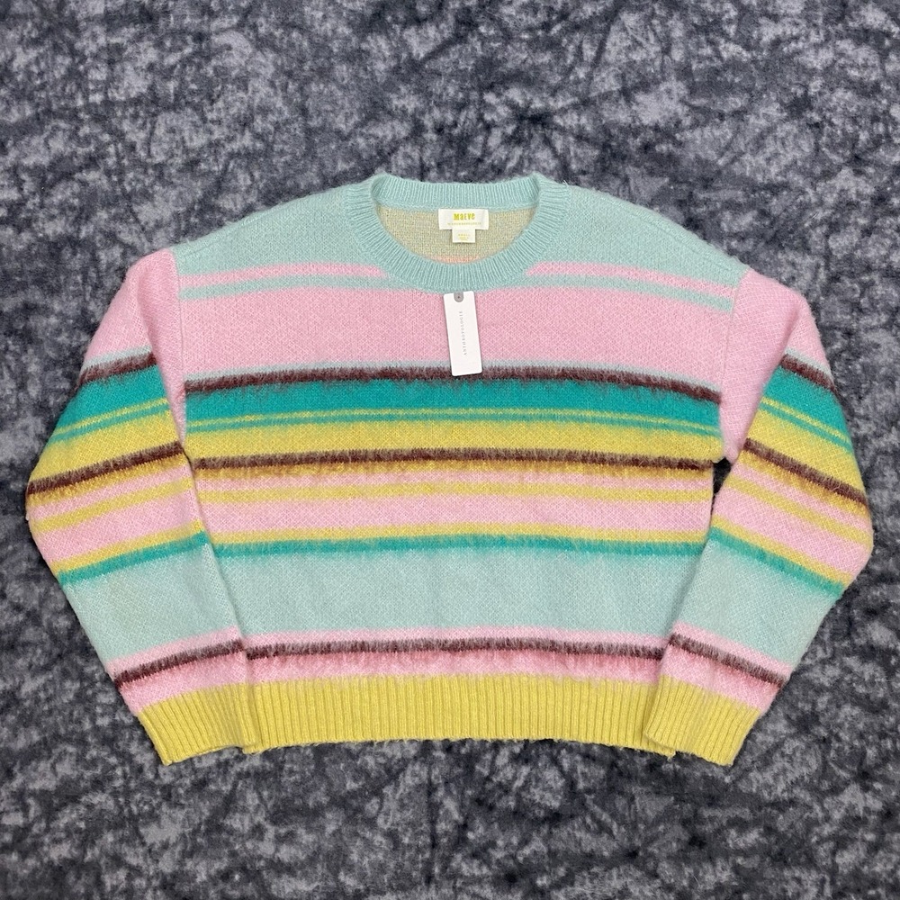 Anthropologie Maeve Plush Cozy Pullover Sweater Womens Size S Pink Combo Stripe